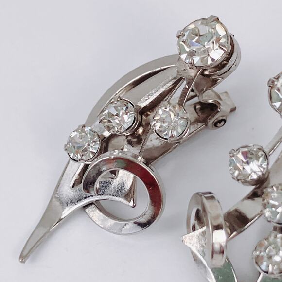 VTG 1950s Mid Century Silver Tone Rhinestone Clip On Earrings - Picture 7 of 12